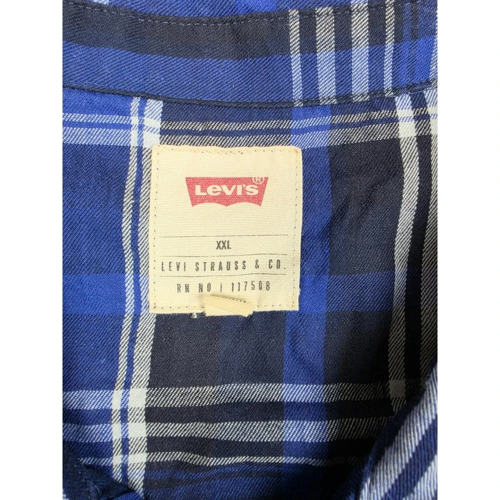 Levi's Flannel Western Shirt Mens XXL Blue Plaid Pearl Snap Long Sleeve